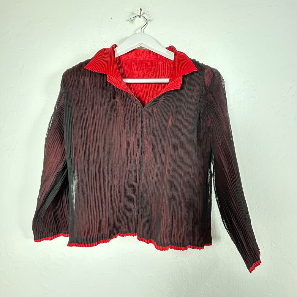 Women's Pleated Black Red Long Sleeve Blouse Top Collared Casual Lightweight